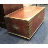A large brass bound teak stationary box, possibly Anglo Indian, with fitted interior, pull-out