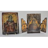 A Russian painted icon 22cm by 16.5cm, and a Russian folding triptych icon 20cm by 13.5cm (a/f)