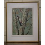 Ralston Gudgeon (Scottish 1910-1984), spotted woodpeckers and silver birch, watercolour, signed,