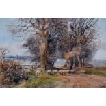 H C Fox (1855-1929), two watercolours; shepherd with flock, 'Near Arundel, Sussex', signed and dated