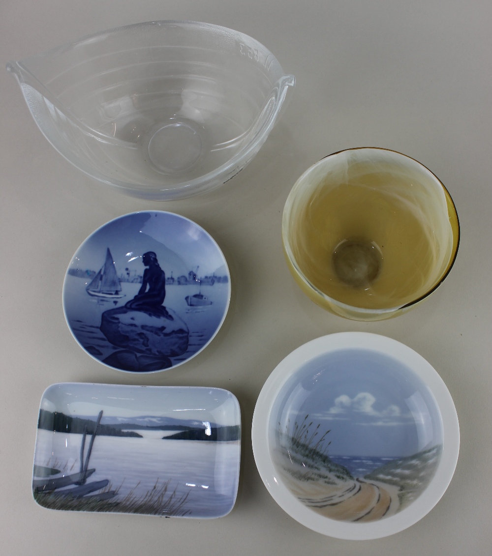 Three Royal Copenhagen porcelain side plates including one of the mermaid 11.5cm, a Bohus glass bowl