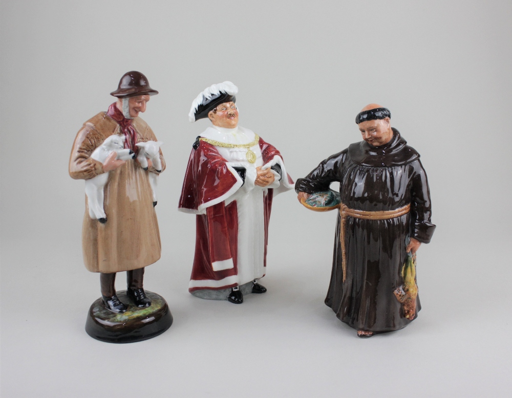 Three Royal Doulton figures, comprising The Mayor, Lambing Time and The Jovial Monk