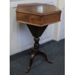 A Victorian mahogany sewing table with hexagonal hinged top enclosing fitted interior, trumpet