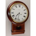 A Comitti mahogany cased drop dial wall clock, 51cm, with key
