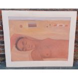 Elizabeth Ridgway, beach scene with reclining nude, oil on board, signed, 59cm by 78cm, unframed (