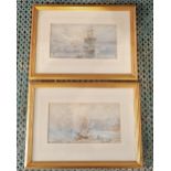 19th century school, two maritime scenes, watercolours, unsigned, 10cm by 19cm