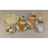 A collection of Clarice Cliff tableware to include seven items in the Crocus pattern to include milk