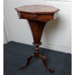 A Victorian inlaid walnut sewing table octagonal rising top enclosing fitted interior on tapered
