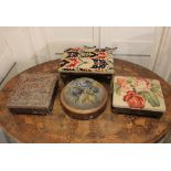 Four 19th century foot stools, to include two with hinged needlework top enclosing hot water