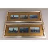Maritime interest, six small reproduction colour prints of boats at dusk, framed as a pair, each