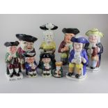 A collection of nine various Toby jugs to include a 19th century Toby jug, with gold anchor mark