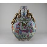 A 20th century Chinese famille rose ceramic moon flask with gilt dragon handles 52cm high