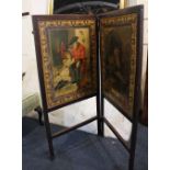 A Victorian mahogany two-fold screen with collage panels to front and back each panel width 51cm,