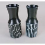 A pair of Hornsea pottery 'Tanglewood' vases, model 982, with white linear design on black ground