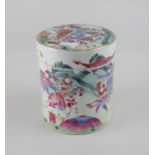 A Chinese porcelain cylindrical jar and cover, decorated with warriors on horseback 12cm high (a/f -