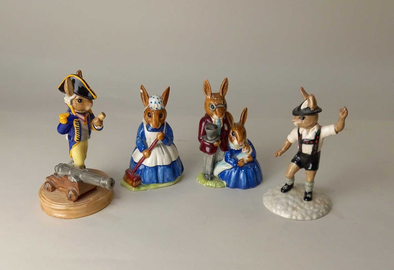 Four Royal Doulton Bunnykins character figures including The Captain and The Tyrolean Dancer