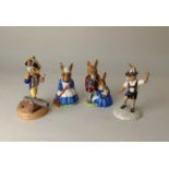 Four Royal Doulton Bunnykins character figures including The Captain and The Tyrolean Dancer