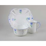 A Shelley porcelain 'Blue Tulip' pattern cake platter, milk jug and sugar bowl