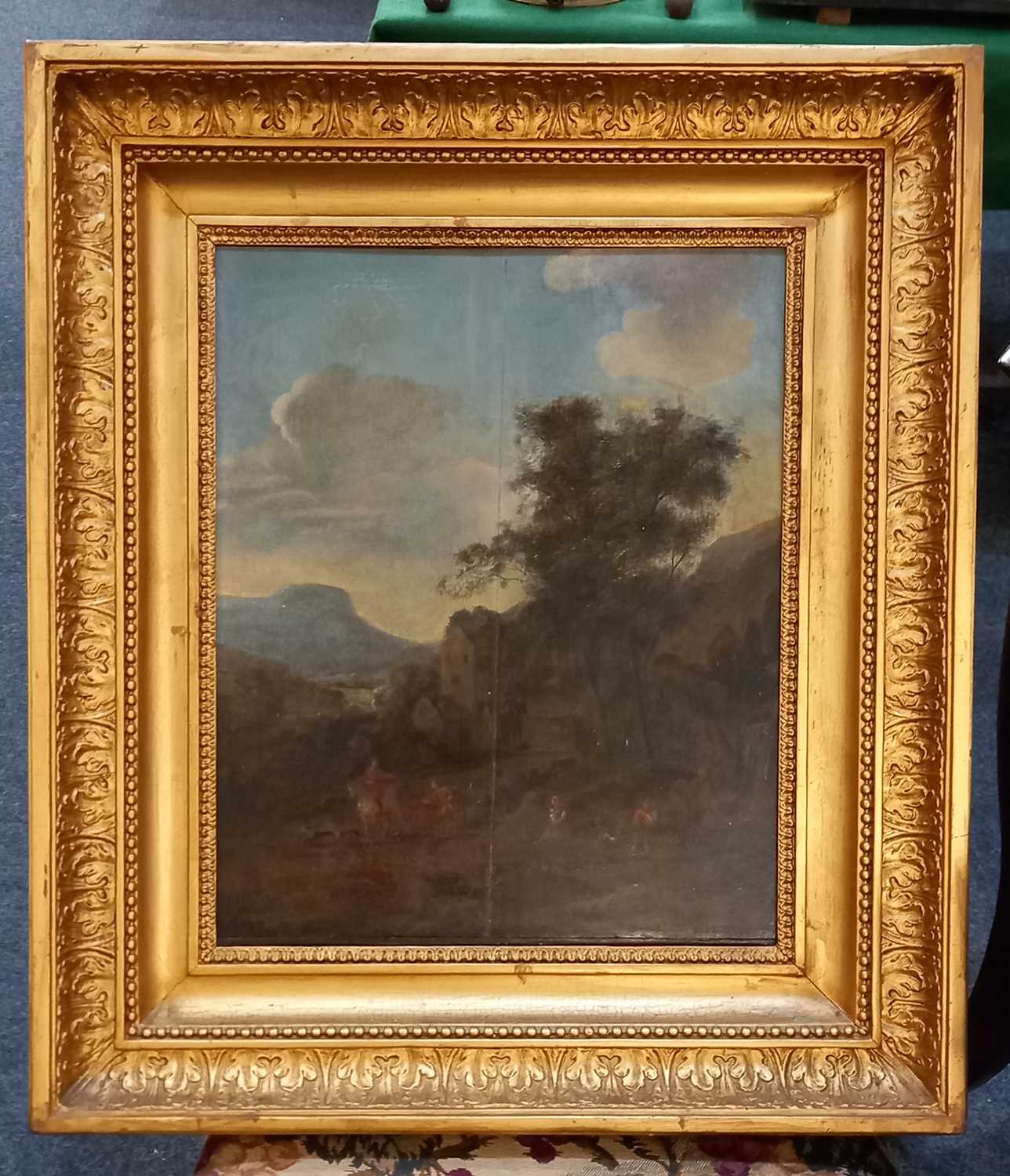 19th Century School hunting scene with mountain view, oil on board, 46cm by 37cm