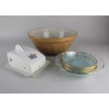 A T G Green brown glazed mixing bowl 30cm diameter, a Poole pottery butter dish and cover, and seven