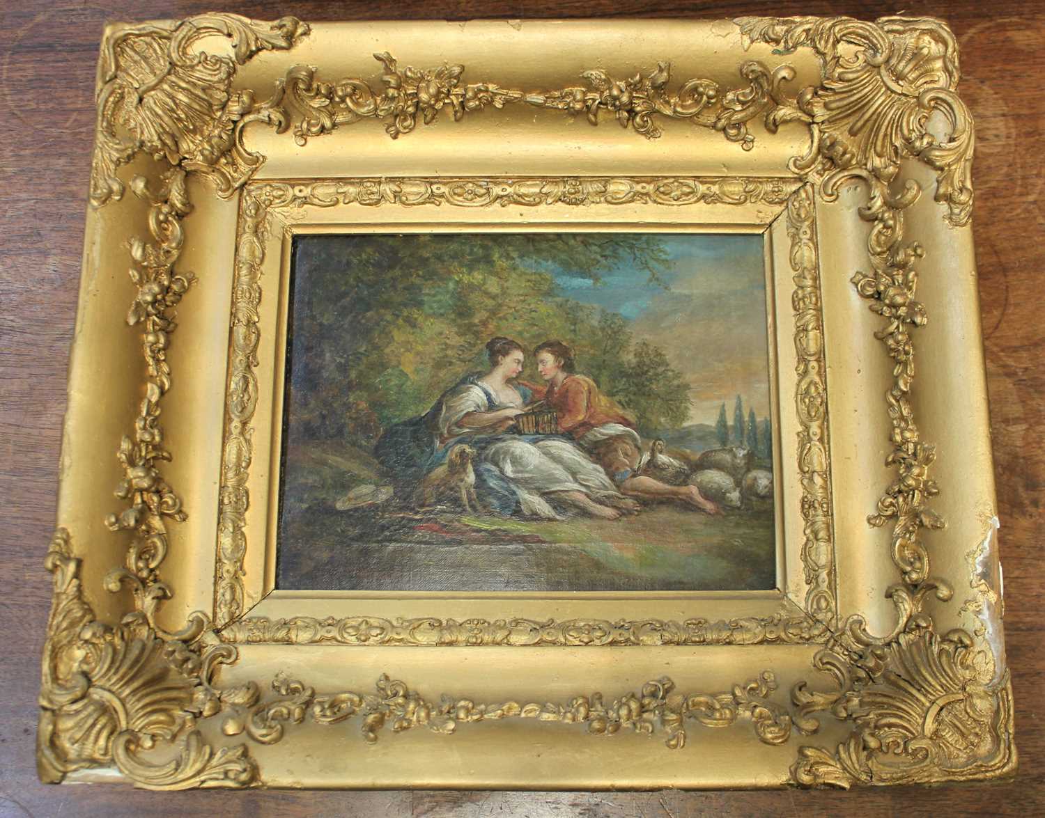 19th century school, a courting couple in a rural landscape with sheep, oil on canvas, unsigned,