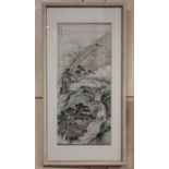 Chinese School mountain scene with waterfall, watercolour, framed, script and seal mark, 66cm by
