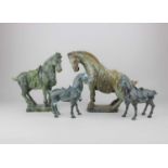 Two Chinese 20th century carved jade horses largest 26cm and a pair of smaller bronze horses 16cm