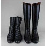 A pair of black leather riding boots, size 9, with boot stretchers, together with a pair of mid-
