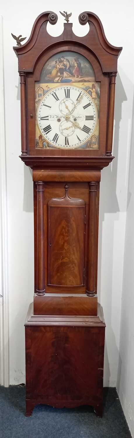 A George III Scottish mahogany longcase clock with painted 32cm arched dial of Moses in the