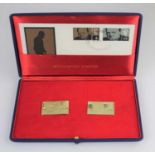 Two 18ct gold Sir Winston Churchill stamp replica ingots, November 1965, gross weight 40g, with