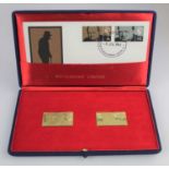 Two 18ct gold Sir Winston Churchill stamp replica ingots, November 1965, gross weight 40g, with