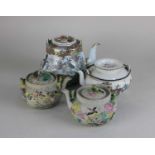 Two Chinese pottery teapots decorated with birds and flowers tallest 10.5cm high, together with
