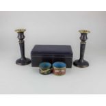 A rectangular blue and gilt cloisonne box and cover, a pair of simular candlesticks and two