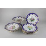 A set of six Victorian botanical plates each individually decorated with flowers within blue and