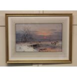 Charles Brook Branwhite (1851-1929), snow covered river landscape, 'A Winter Sun', watercolour,