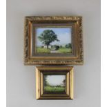 Robert Hughes (1934-2010), two miniature paintings, comprising a farmhouse 'Washing Day' 6.5cm by