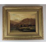 Attributed to Alfred de Breanski, mountainous river landscape view with cottages and cattle in the