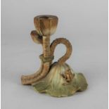 A Royal Worcester porcelain blush ivory candlestick in the form of an upturned lily pad with a small