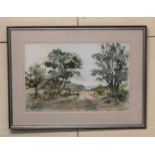 John Mortimer, landscape with open gate, 'Looking West, Sullington', watercolour, signed, verso
