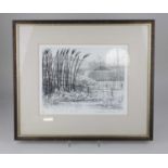 Elizabeth Morris (contemporary), landscape with rushes, 'O'Connor's House', etching, numbered 14/50,