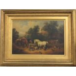 Follower of John Frederick Herring, horses in a yard with cattle and other animals, oil on canvas,