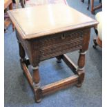 An 18th century small carved oak box table on baluster supports and low stretcher, 39cm