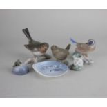 Three Copenhagen porcelain bird ornaments figure of a mermaid 5cm, frog on a mound and a shell