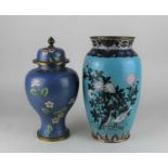 A turquoise ground cloisonne vase decorated with blossom 26.5cm, and a cloisonne vase and cover