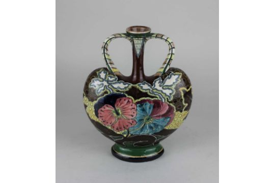 A Royal Bonn Old Dutch two handled vase of flattened form, decorated with pansies 23.5cm - Image 1 of 2