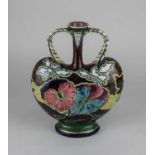 A Royal Bonn Old Dutch two handled vase of flattened form, decorated with pansies 23.5cm