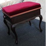 A mahogany rectangular piano stool with adjustable upholstered seat on cabriole legs, 53cm