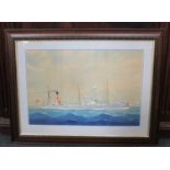 Early 20th century maritime school, view of the MV Aral sailing off a coastline, watercolour,