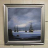 Ken Hammond, nighttime view of boats on the water, oil on canvas, signed, 76cm by 76cm