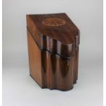 A Georgian mahogany inlaid knife box 22cm wide, 36cm high, with key (a/f)